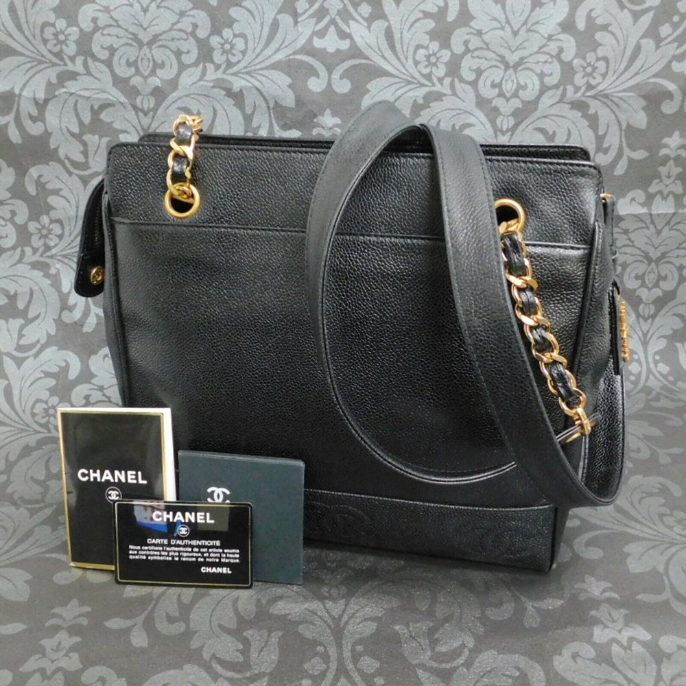 CHANEL BLACK CAVIAR SKIN TOTE BAG! W/ CARDS!